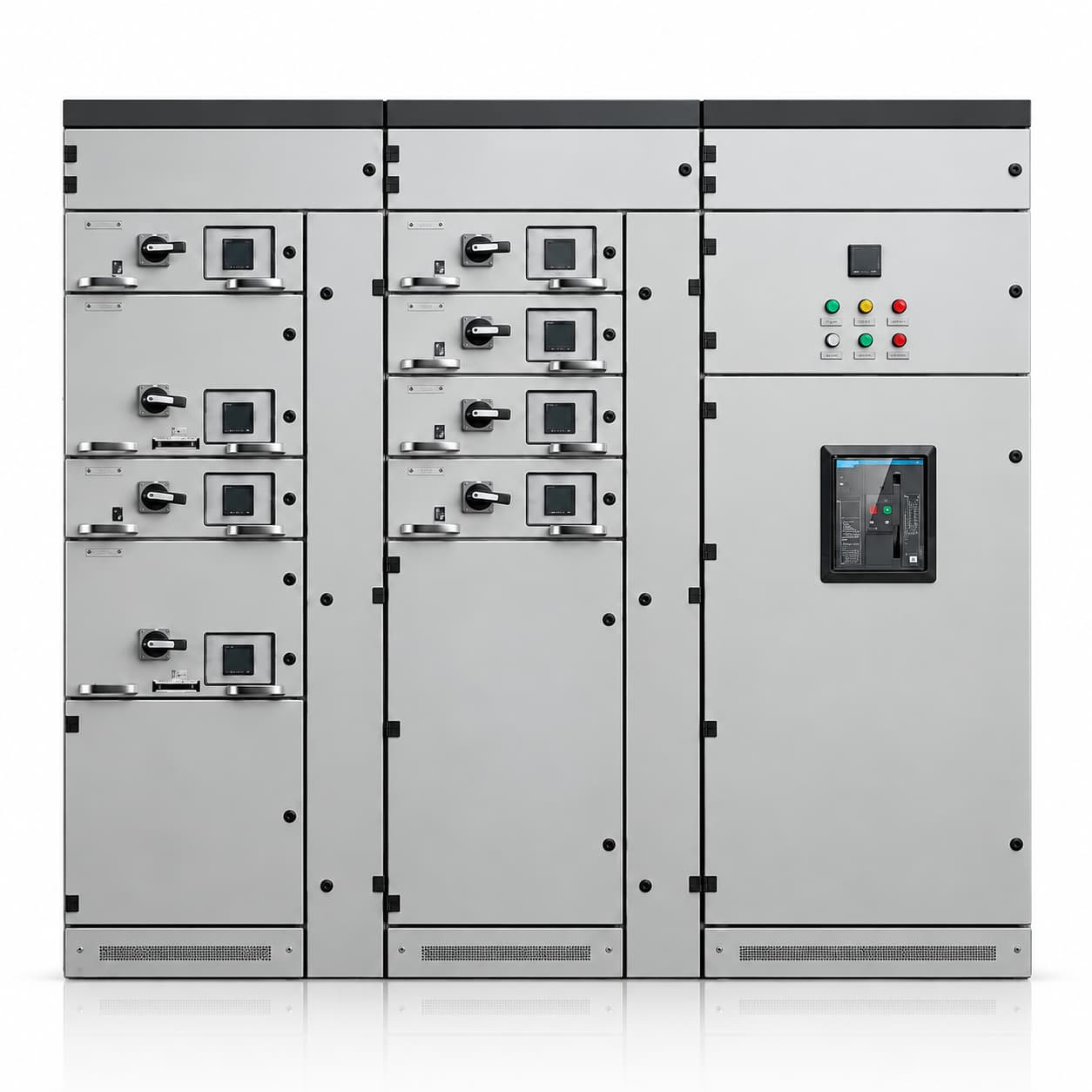 Exterior example of a three-cabinet GCS lineup with drawers, meters and operating panels