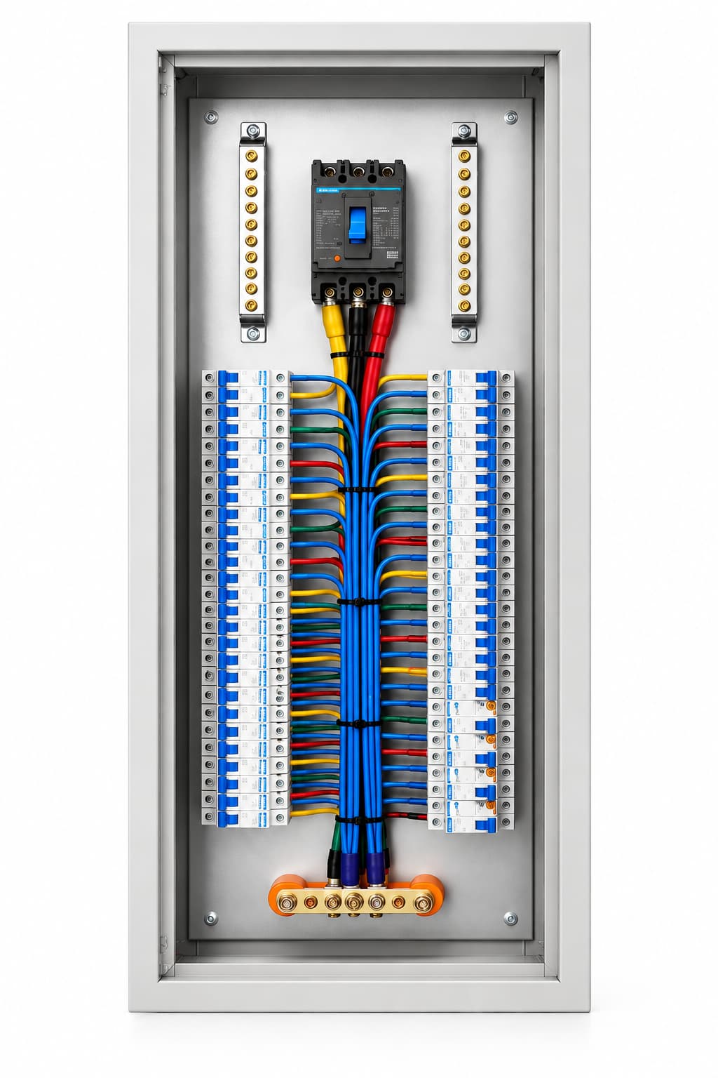 Front view of a JXF distribution box with the door removed, showing internal devices and wiring