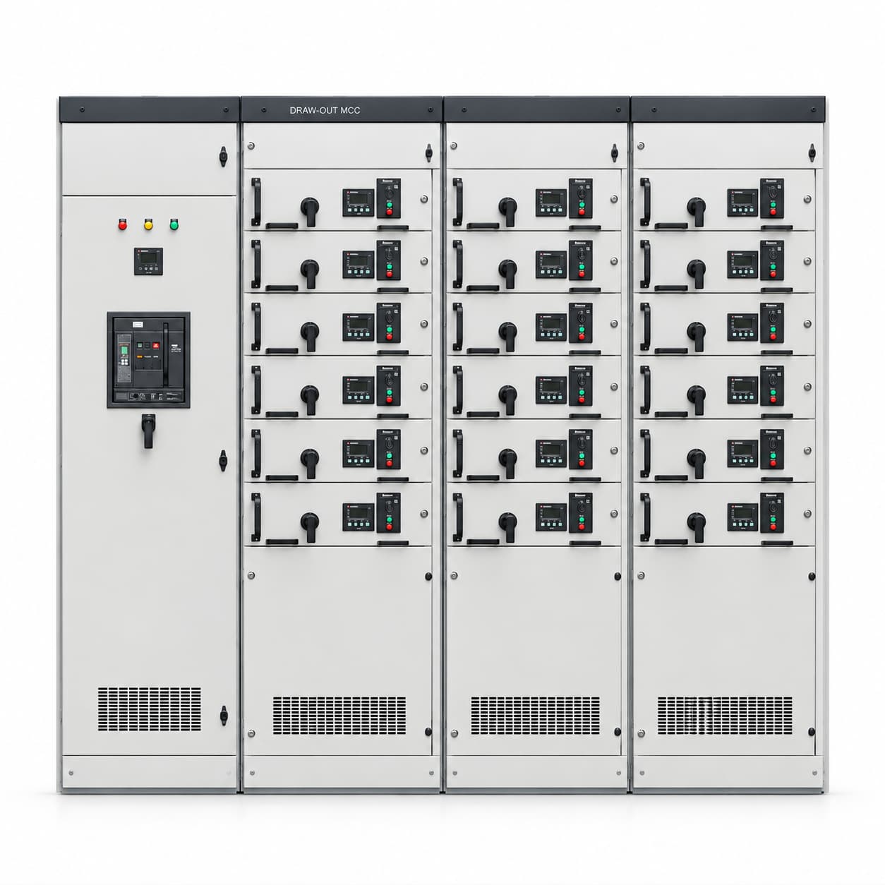 Exterior configuration example of a withdrawable MCC motor control cabinet lineup with drawer-type functional units