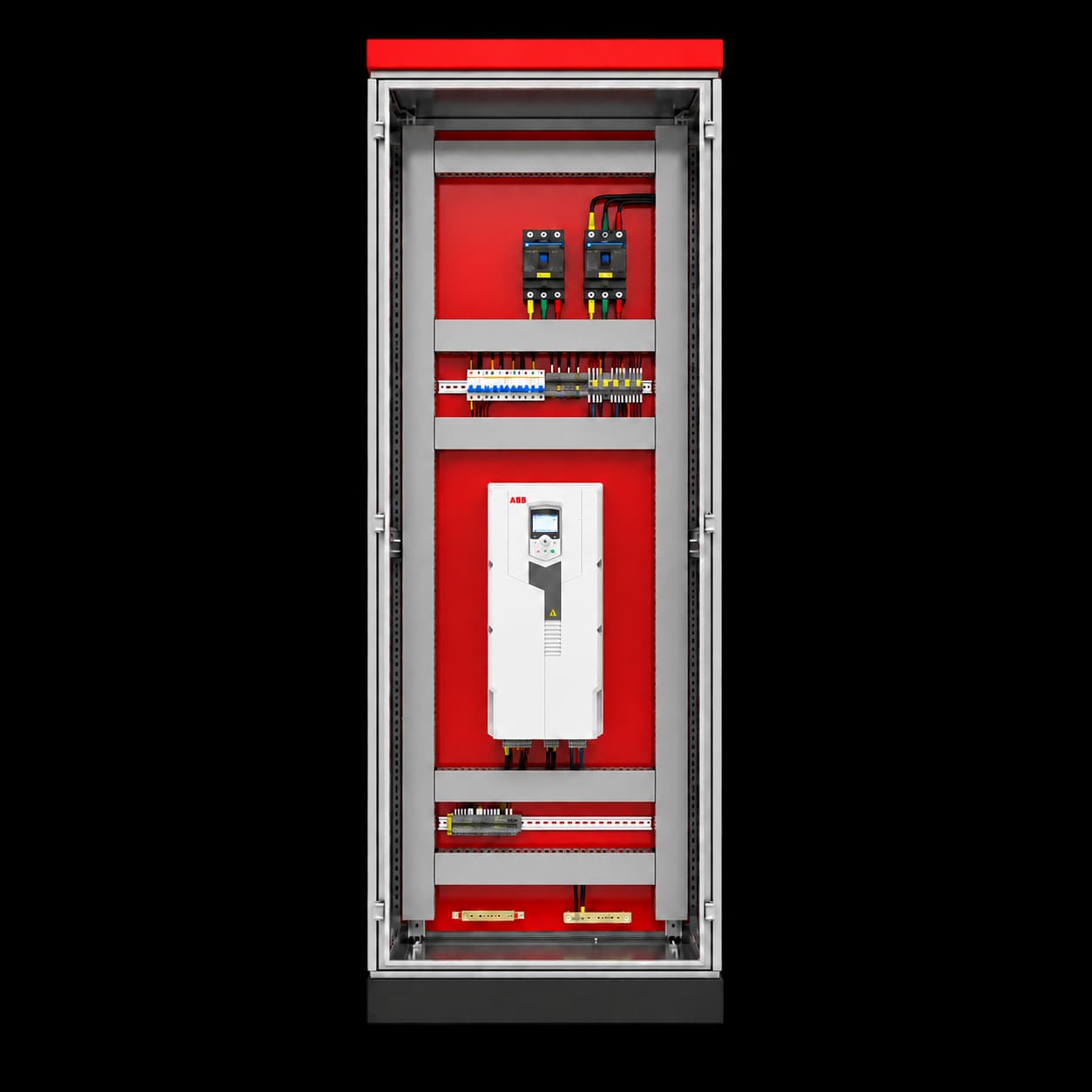VFD control cabinet internal configuration example showing the red backplate, variable frequency drive, devices and wiring