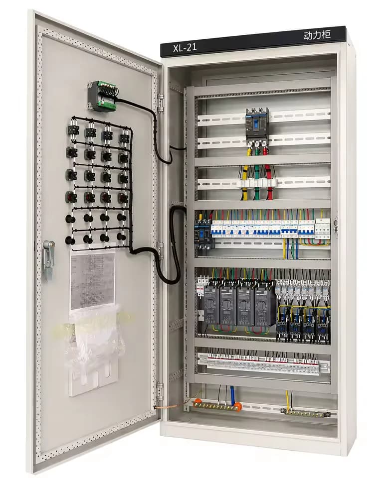 Open XL power distribution cabinet showing its internal component layout